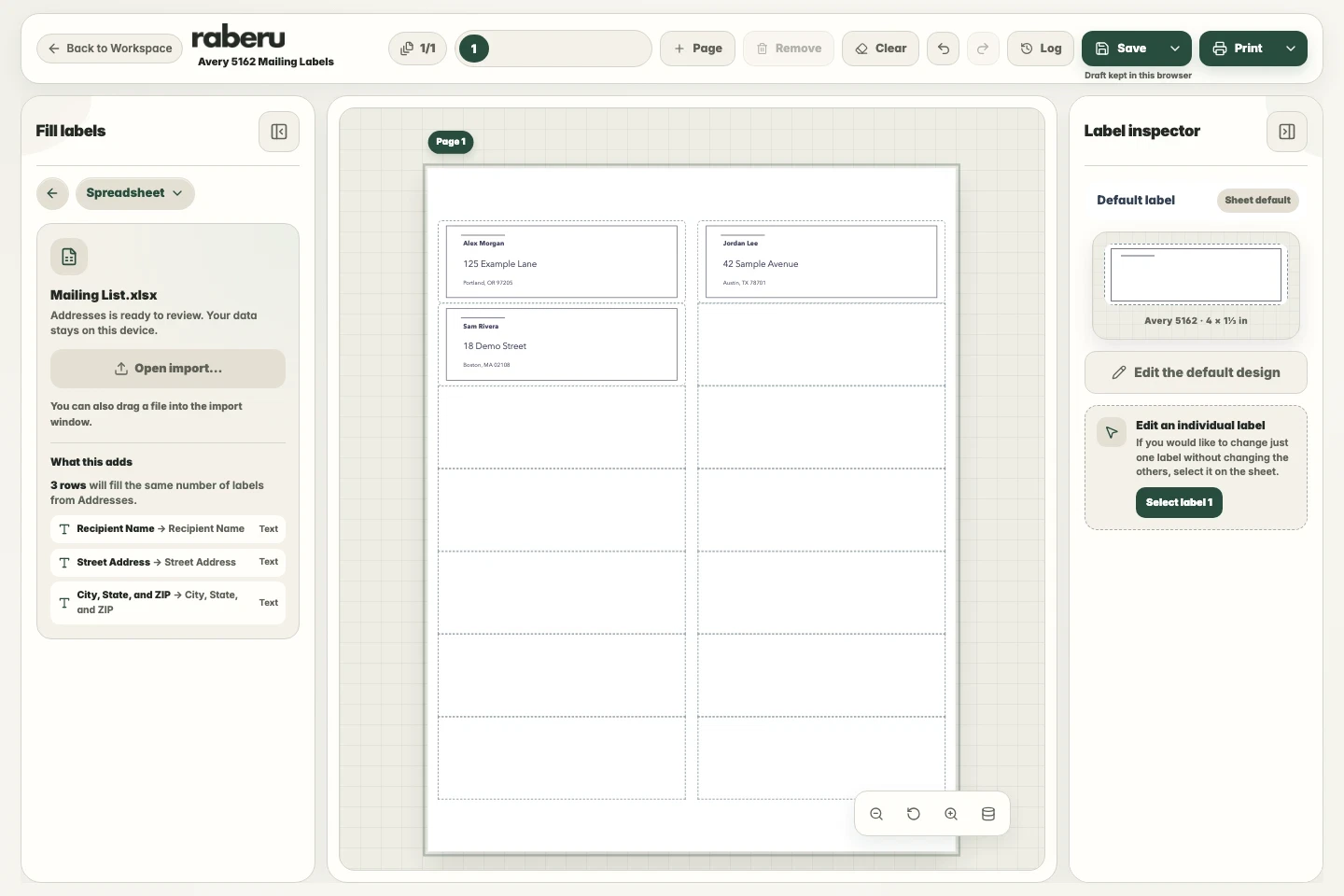 A sheet of mailing labels with recipient names and addresses in raberu.