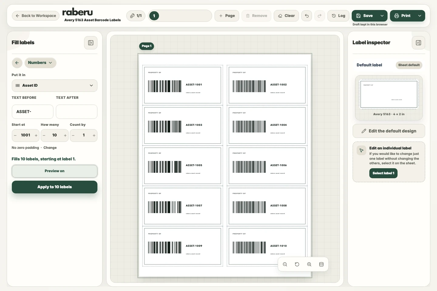 raberu Numbers panel beside a sheet of sequential barcode labels.
