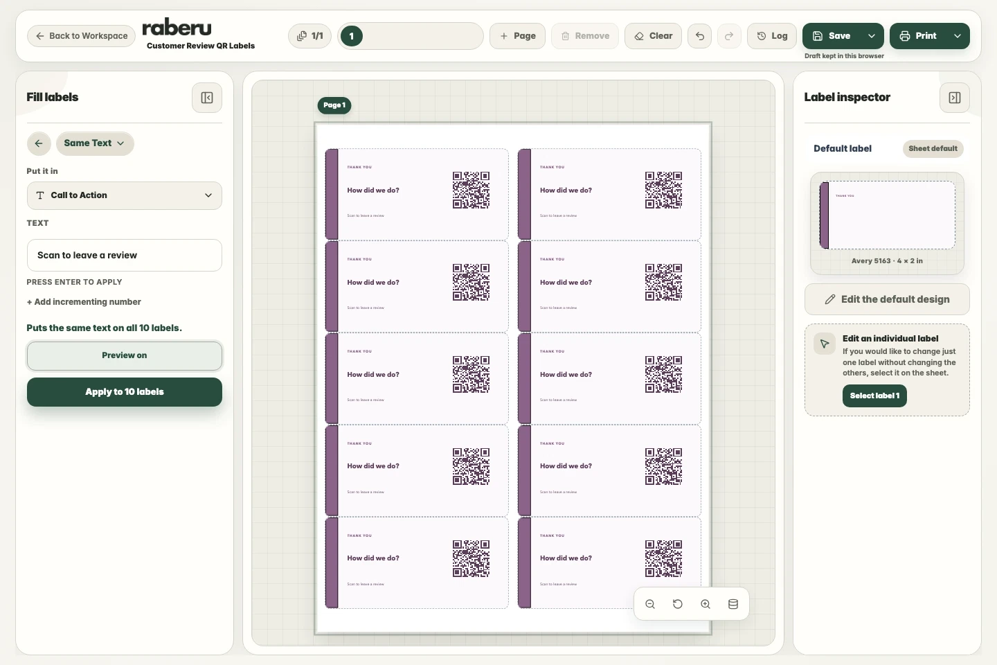 A sheet of QR labels with surrounding text in raberu.