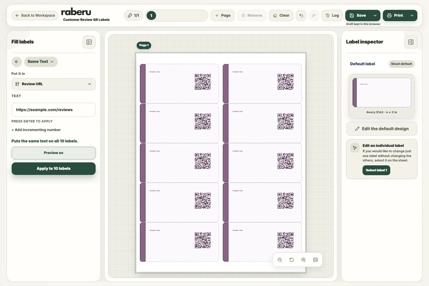 raberu Same Text panel with a QR destination field selected.