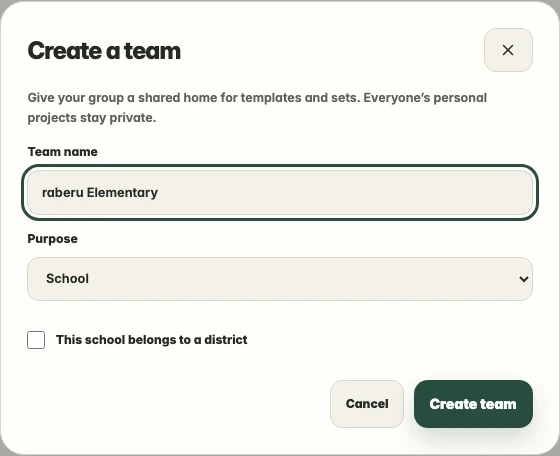The raberu Create a team dialog with school purpose selected.