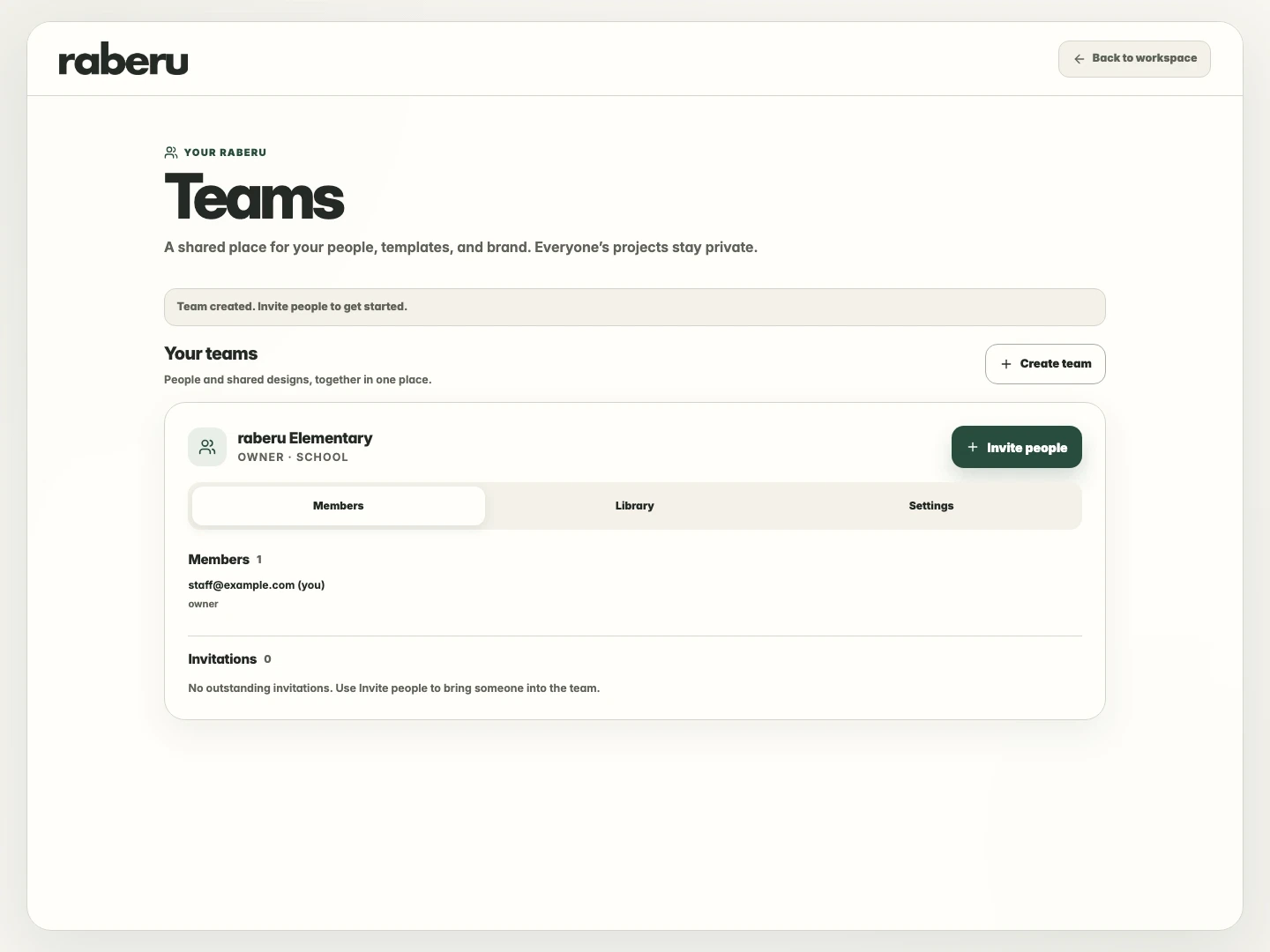 The Members tab of a school team in raberu.