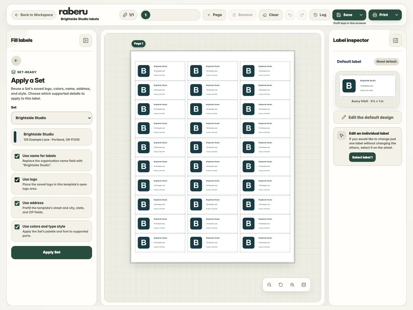 raberu Apply a Set panel with options for the saved name, address, colors, and type style.