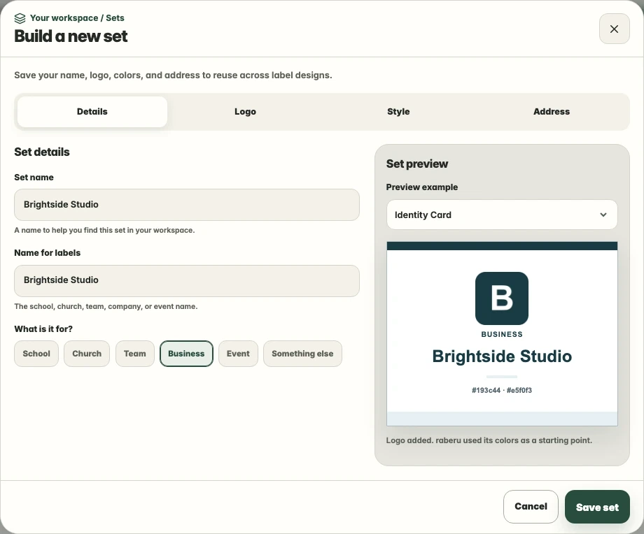 raberu set builder with a set name, name for labels, purpose, and identity preview.