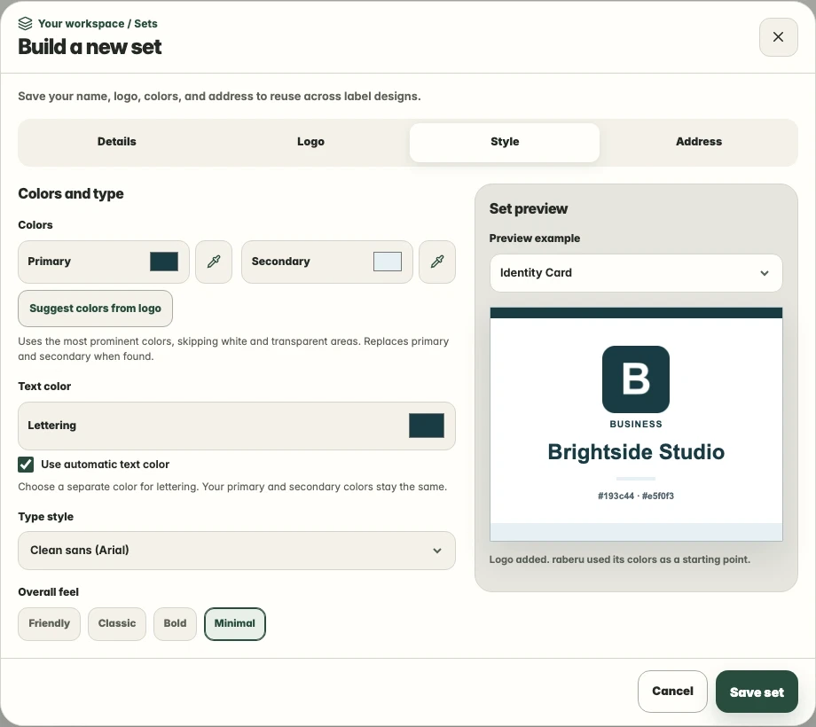 raberu set builder with color, type style, and overall appearance controls.