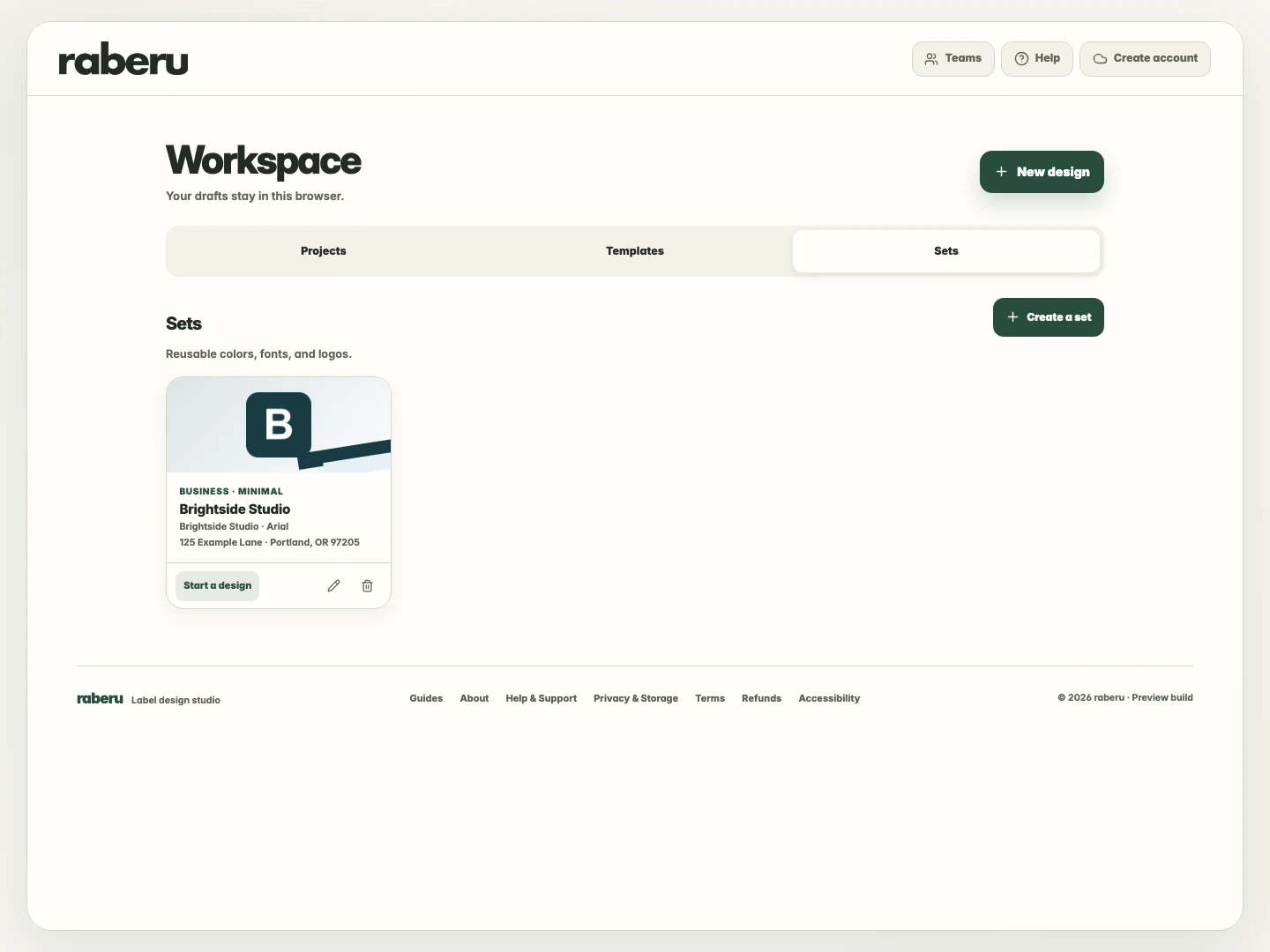 The Sets tab in the raberu workspace with a saved set and its design and editing controls.