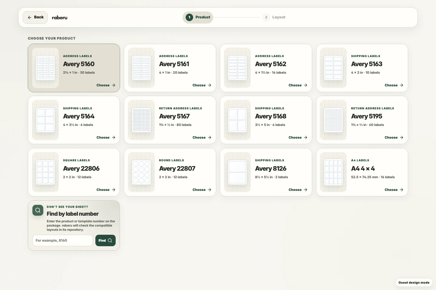 raberu sheet picker with product numbers, label dimensions, and sheet counts.