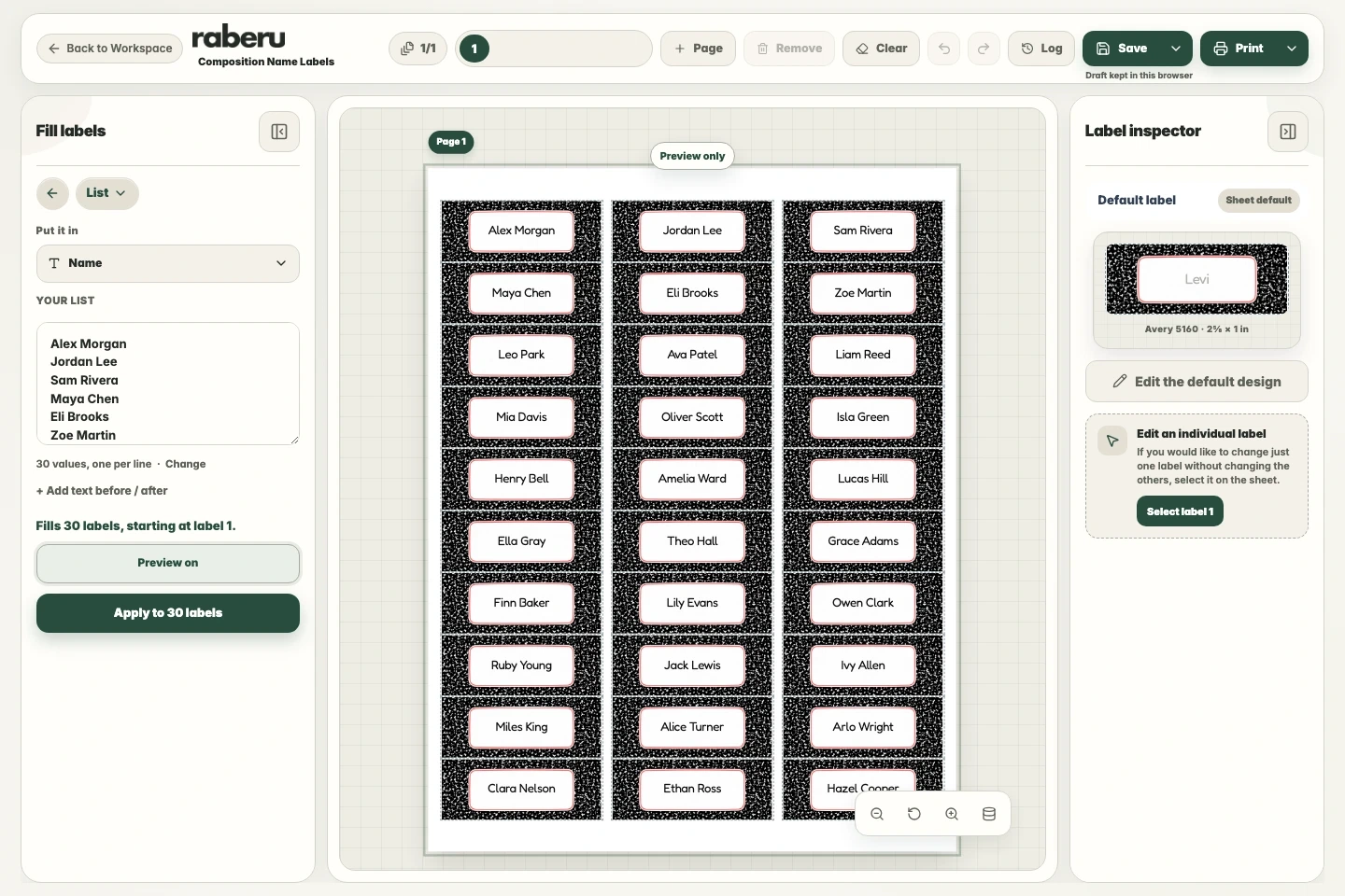 raberu List panel with names on composition notebook labels.