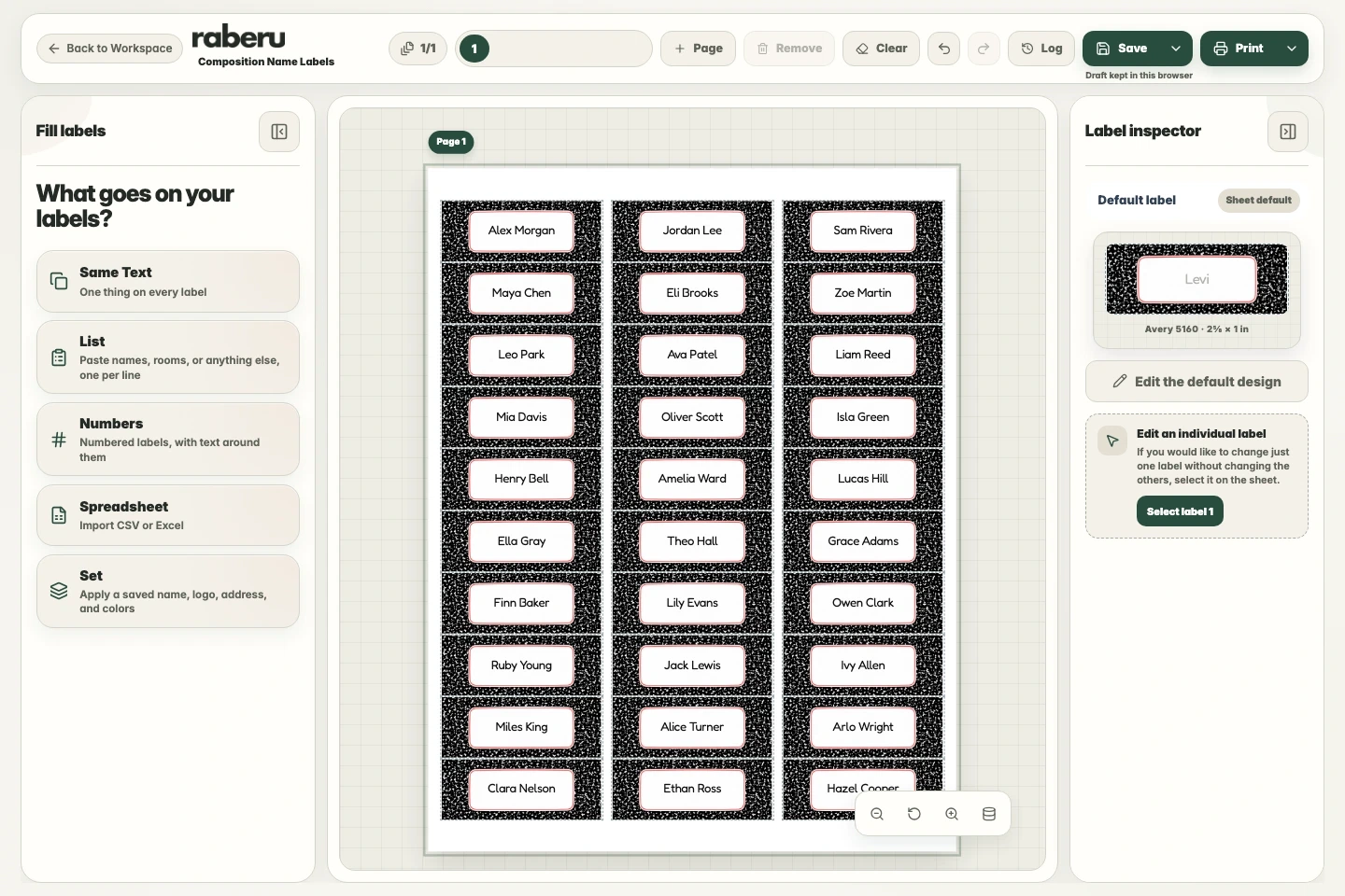 A sheet of composition notebook name labels in raberu.