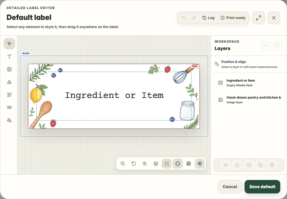 raberu detailed editor with an illustrated pantry label and text tools.