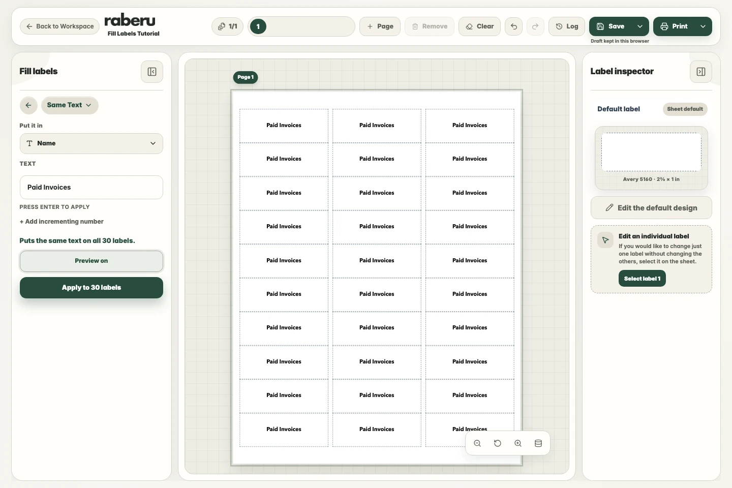 raberu Same Text panel with repeated wording on a label sheet.