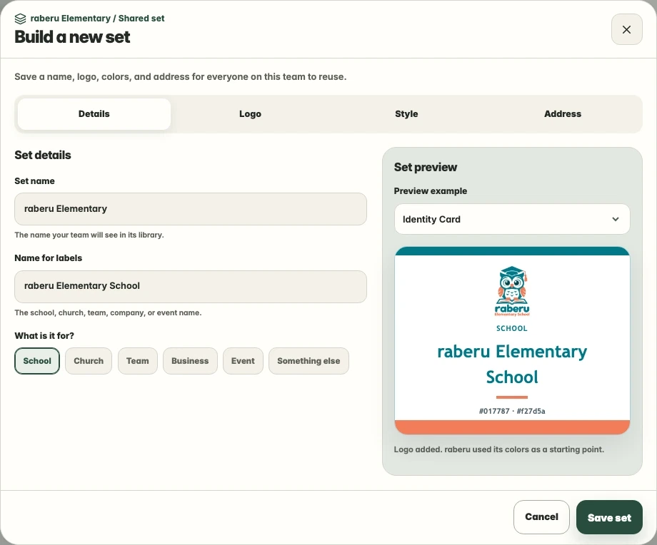 The shared set builder with the raberu Elementary School name and owl logo.