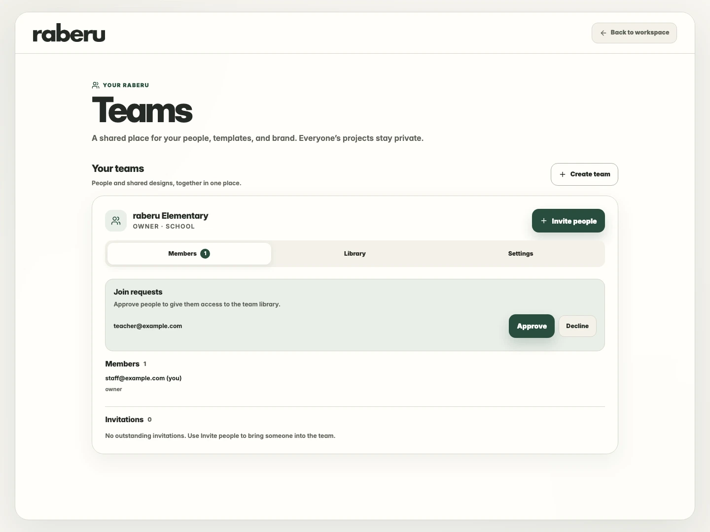 A pending school team join request with Approve and Decline controls.