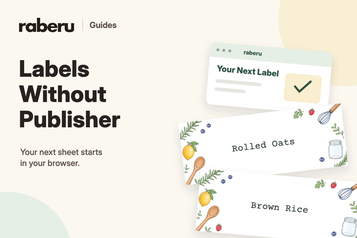 Labels Without Publisher: a browser card and illustrated pantry labels.