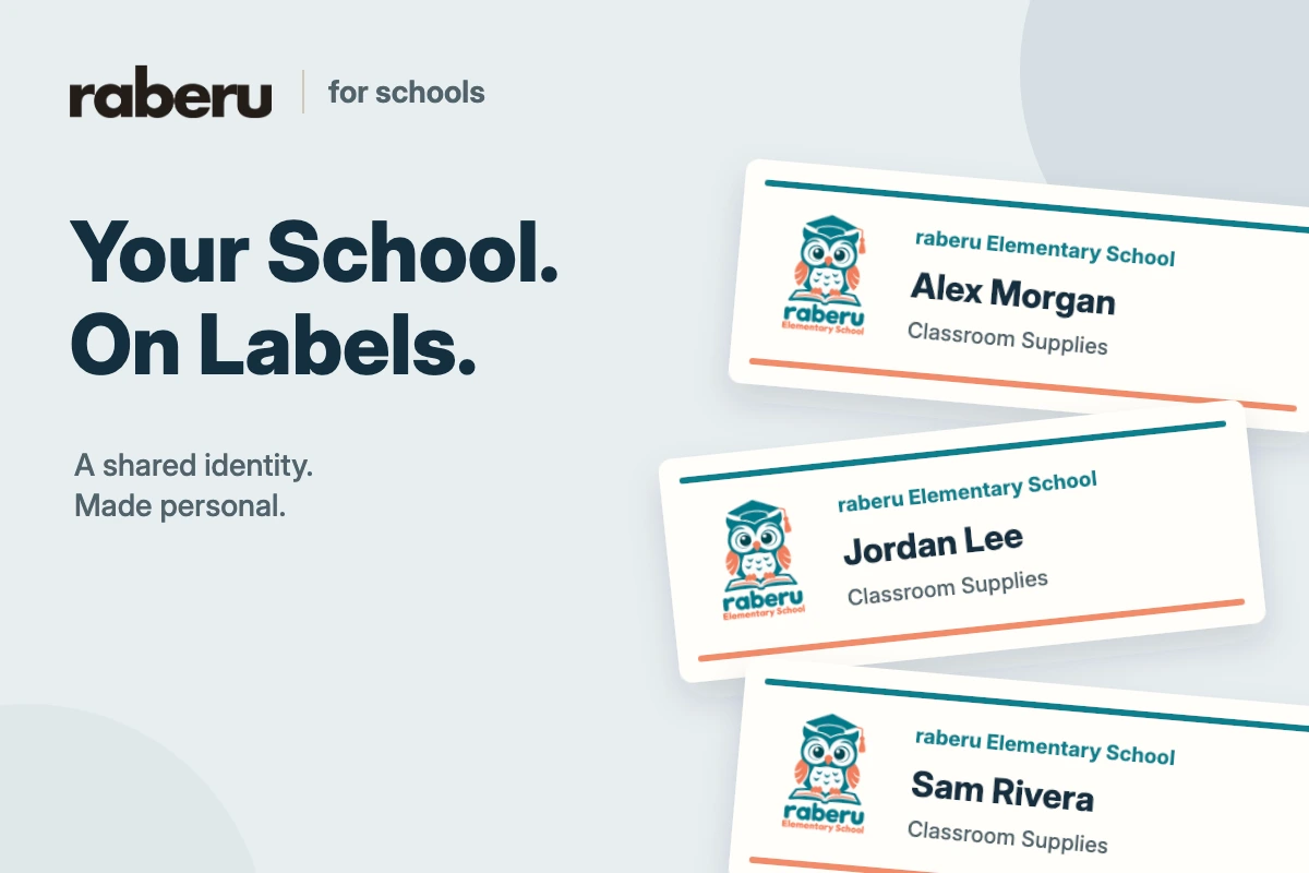 raberu for schools: matching name labels with the raberu Elementary owl and school identity.